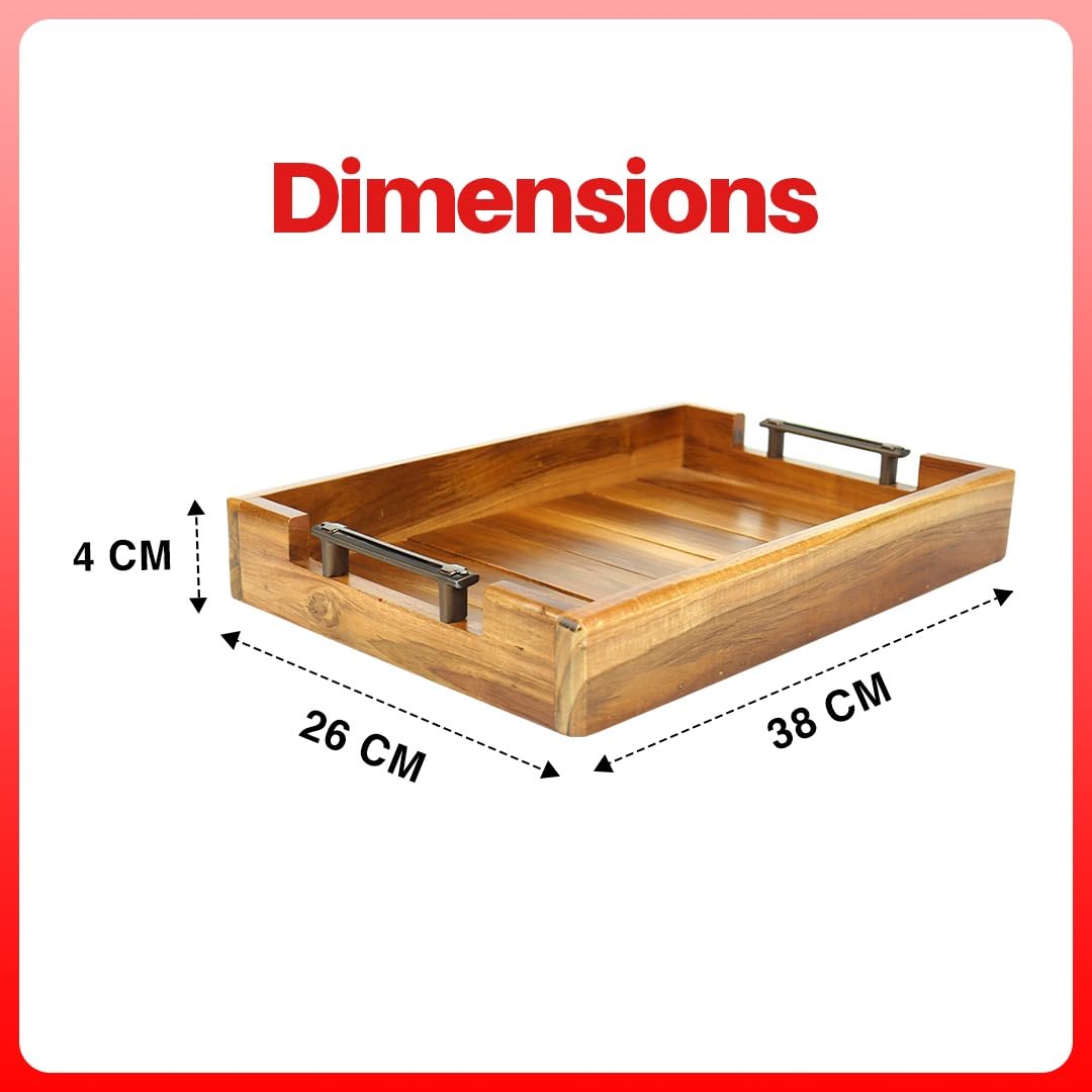 Teak Wood Serving Tray with Metal Handle | Solid Teak Wood | High-Gloss Polished Finish | Easy-Handle Wooden Tray