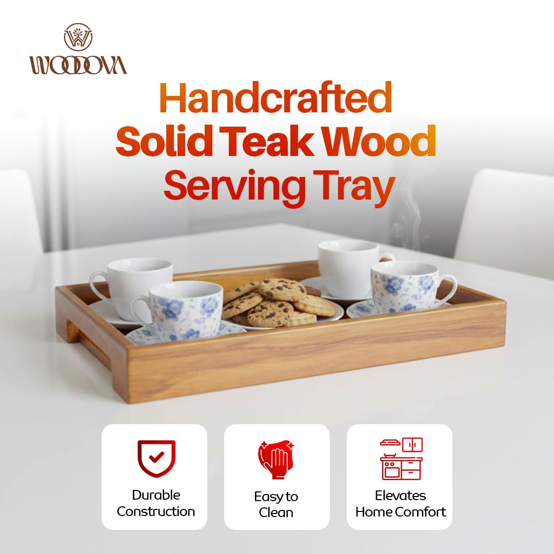 Handcrafted Solid Teak Wood Square Serving Tray | for Home Kitchen Restaurant Office Organizer Dining Table | Glossy Finish