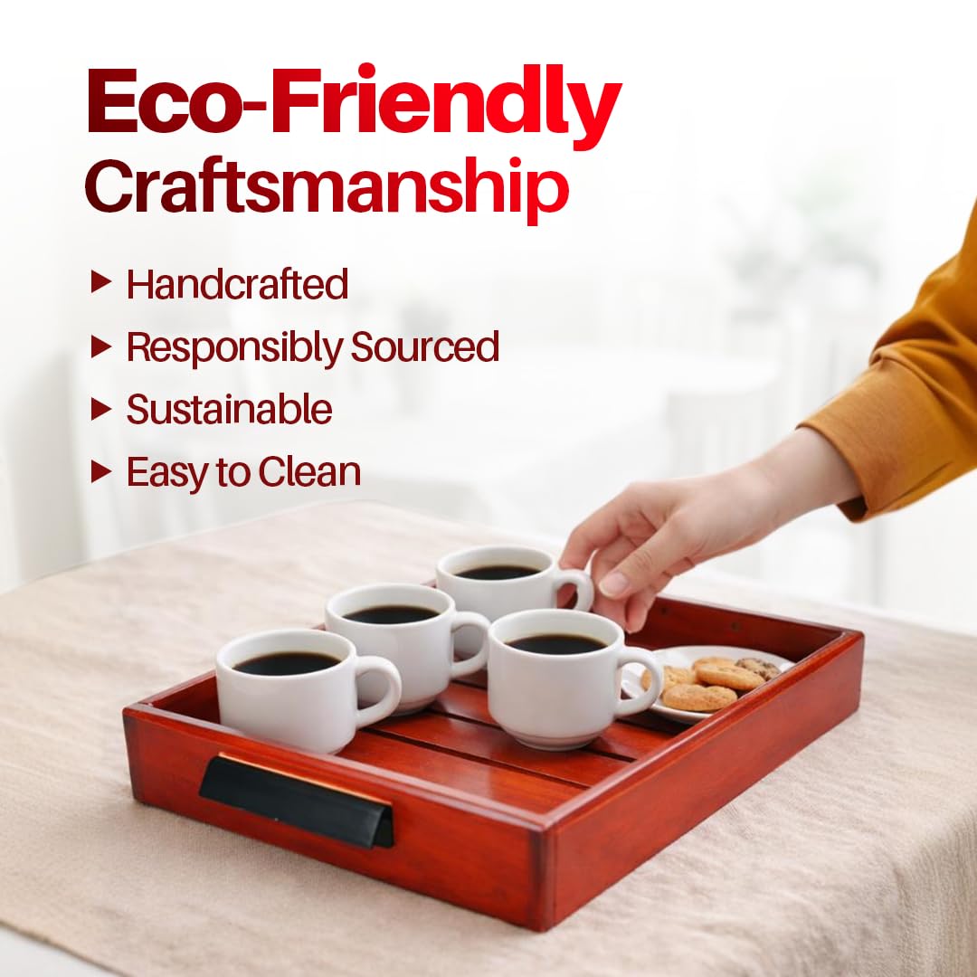 Mahogany Wooden Tea Tray | Treated Mahogany Wood | Serving Tray for Home, Kitchen, Restaurant, Office Organizer, Dining Table | Large
