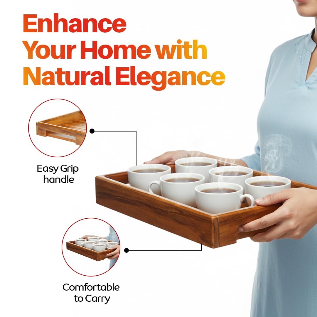 Handcrafted Solid Teak Wood Square Serving Tray | for Home Kitchen Restaurant Office Organizer Dining Table | Glossy Finish
