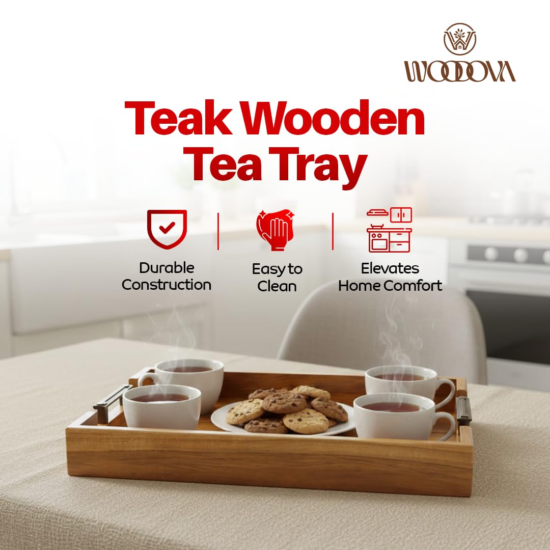 Teak Wood Serving Tray with Metal Handle | Solid Teak Wood | High-Gloss Polished Finish | Easy-Handle Wooden Tray