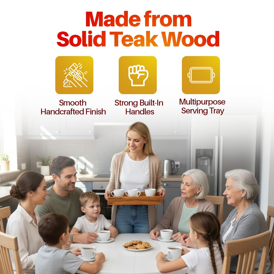 Handcrafted Solid Teak Wood Square Serving Tray | for Home Kitchen Restaurant Office Organizer Dining Table | Glossy Finish