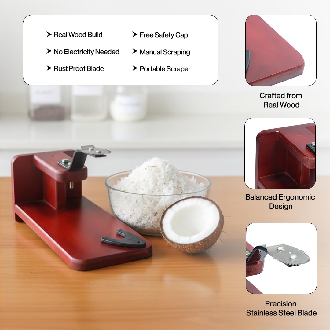 Coconut Scraper Polished Wooden Table-Top Manual Coconut Scraper | Chirava Grater Thengai Thuruvi with Stainless Steel Blade | Easy-to-Use | Brown | Pack of 1