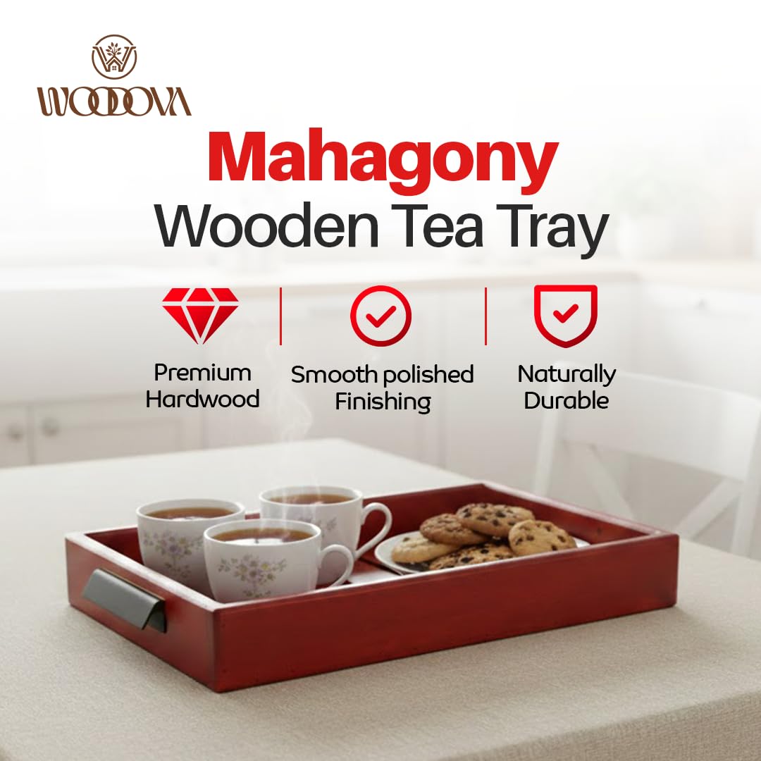 Mahogany Wooden Tea Tray | Treated Mahogany Wood | Serving Tray for Home, Kitchen, Restaurant, Office Organizer, Dining Table | Large