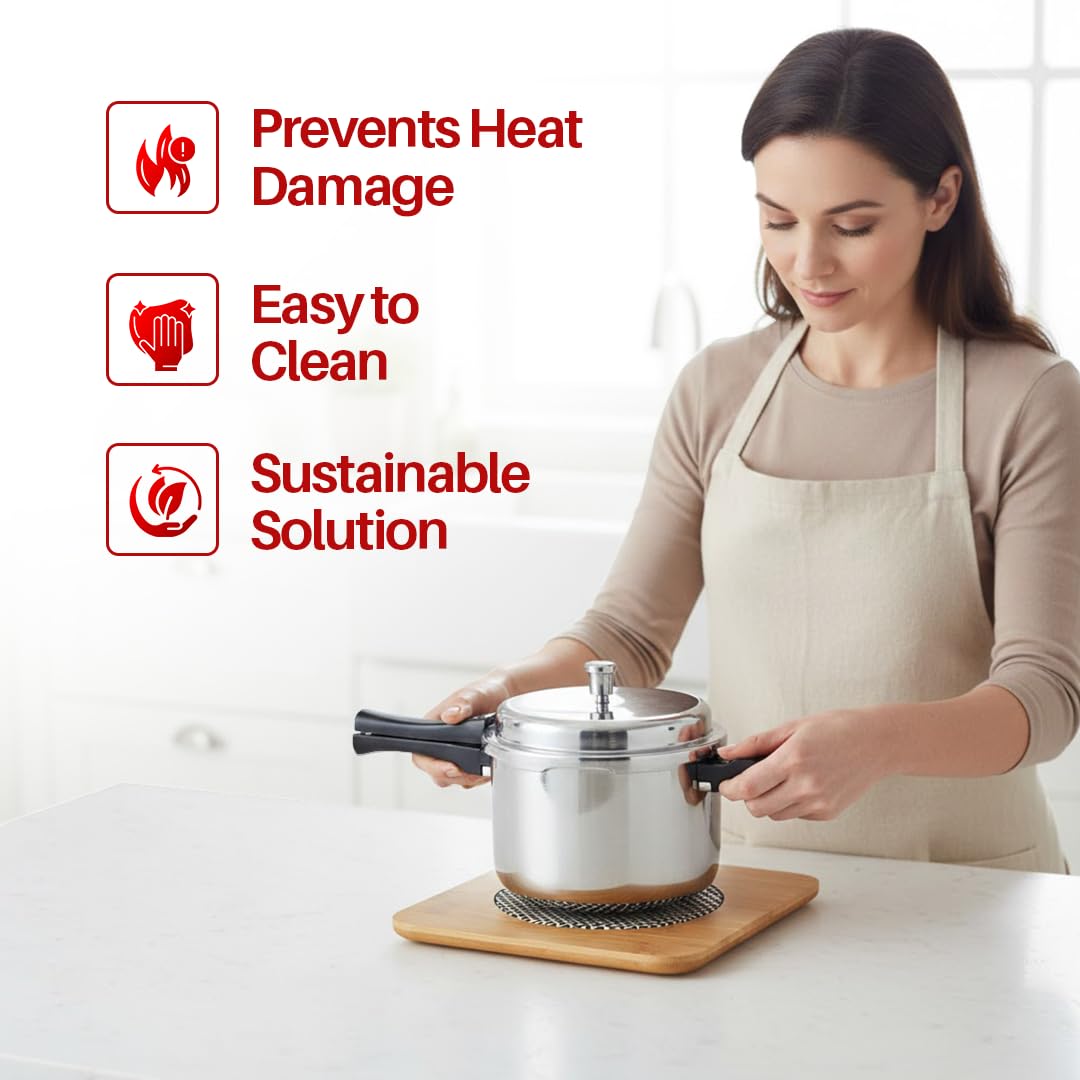 Bamboo Wood Heat Pad or Hot Pot Stand | Square Trivet with Steel Mesh | Heat Resistant Table Protector for Hot Utensils