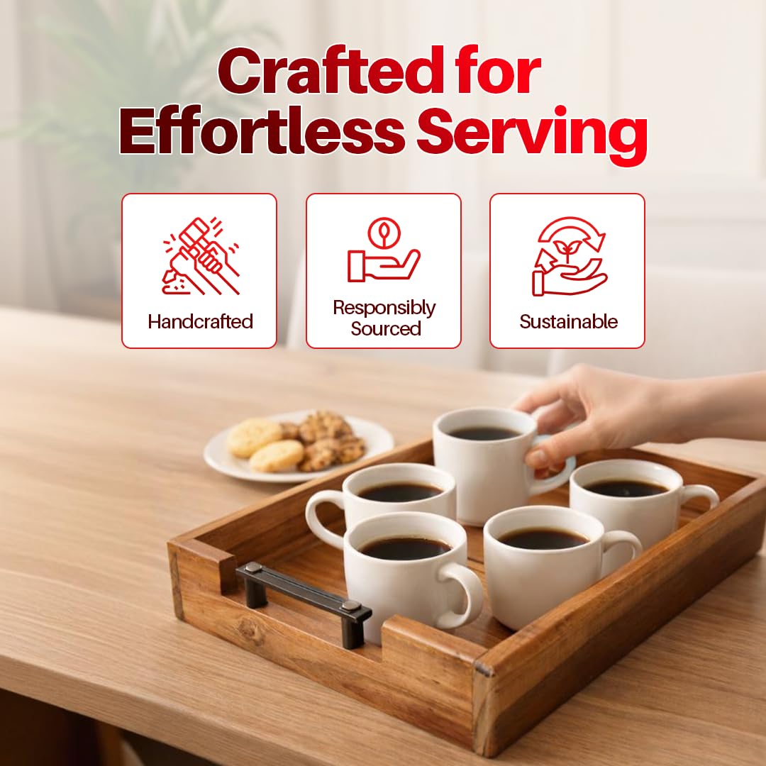 Teak Wood Serving Tray with Metal Handle | Solid Teak Wood | High-Gloss Polished Finish | Easy-Handle Wooden Tray