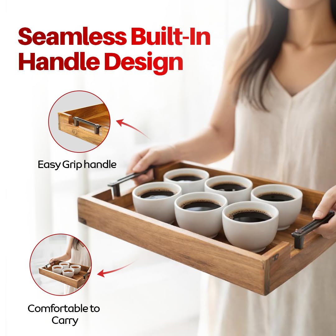 Teak Wood Serving Tray with Metal Handle | Solid Teak Wood | High-Gloss Polished Finish | Easy-Handle Wooden Tray