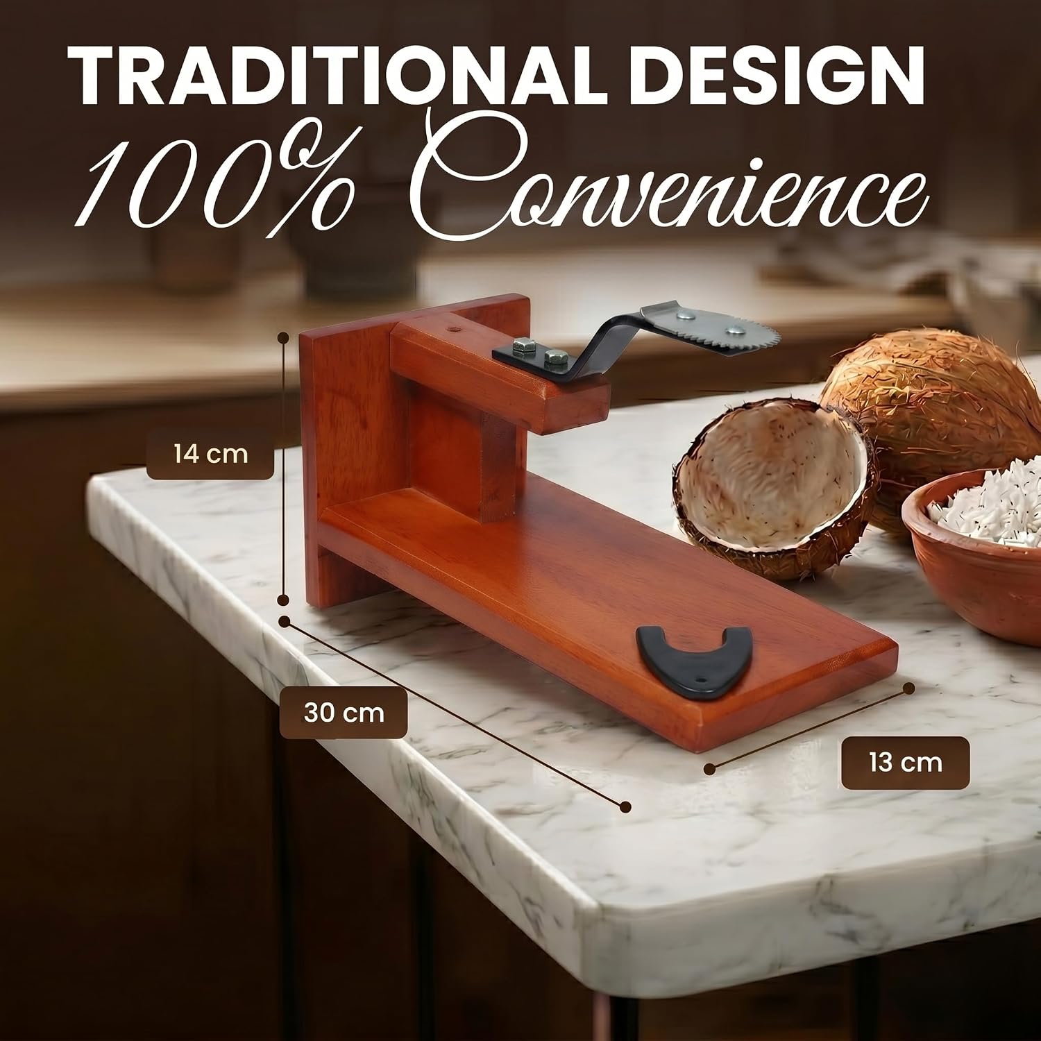 Coconut Graters for Kitchen & Home - Table Top Manual Coconut Scraper | Traditional Polished Handheld Chirava Thengai Thuruvi with Stainless Steel Blade | Wooden Base Cherava Shredder | Brown