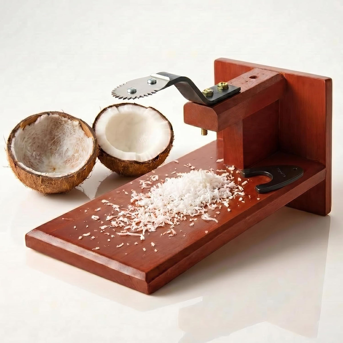 Coconut Graters for Kitchen & Home - Table Top Manual Coconut Scraper | Traditional Polished Handheld Chirava Thengai Thuruvi with Stainless Steel Blade | Wooden Base Cherava Shredder | Brown