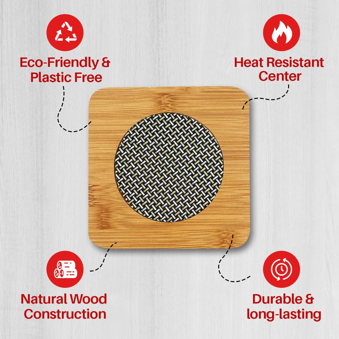 Bamboo Wood Heat Pad or Hot Pot Stand | Square Trivet with Steel Mesh | Heat Resistant Table Protector for Hot Utensils