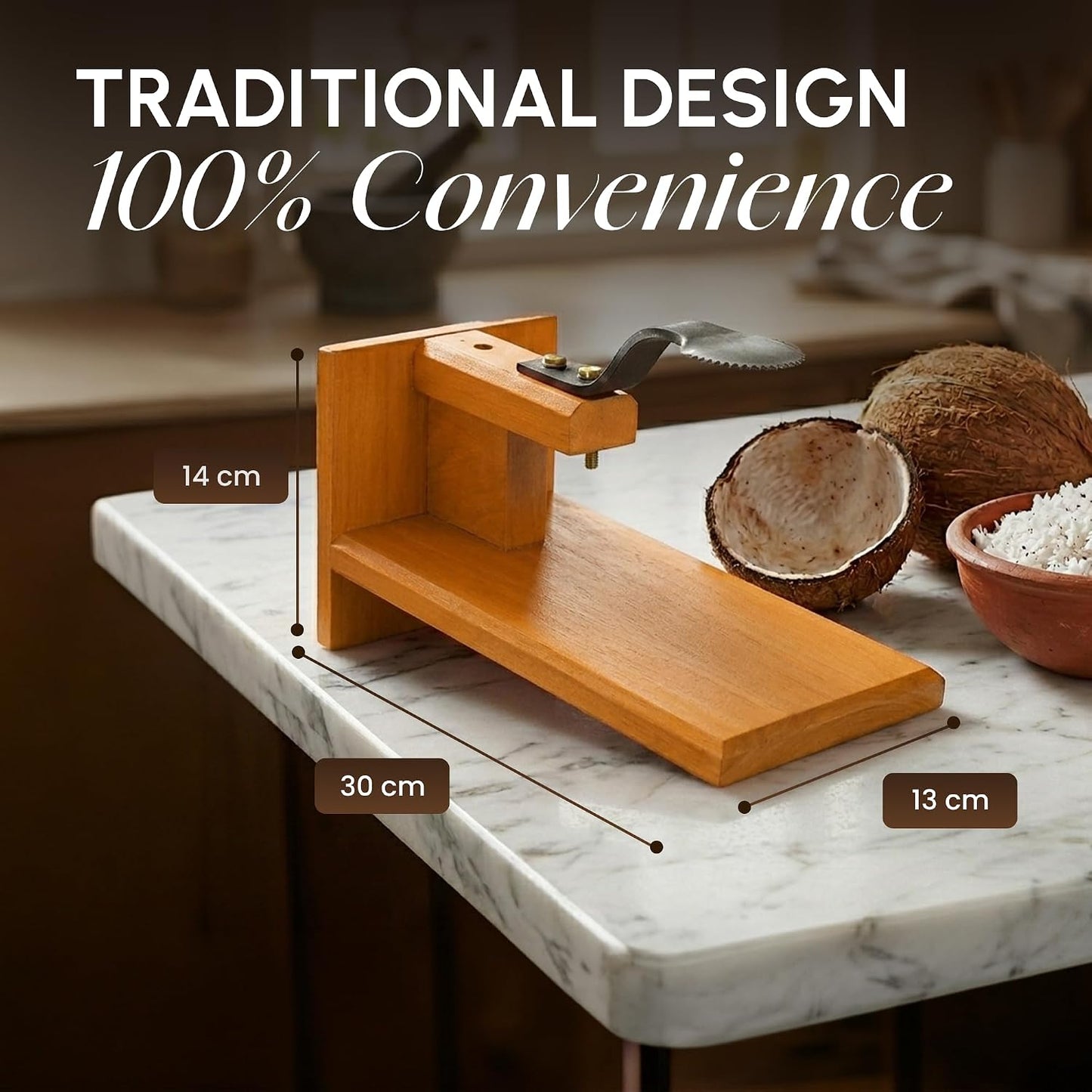 Coconut Graters for Kitchen & Home - Polished Manual Coconut Scraper | Traditional Table Top Handheld Chirava Thengai Thuruvi with Iron Blade | Wooden Base Cherava Shredder | Yellow