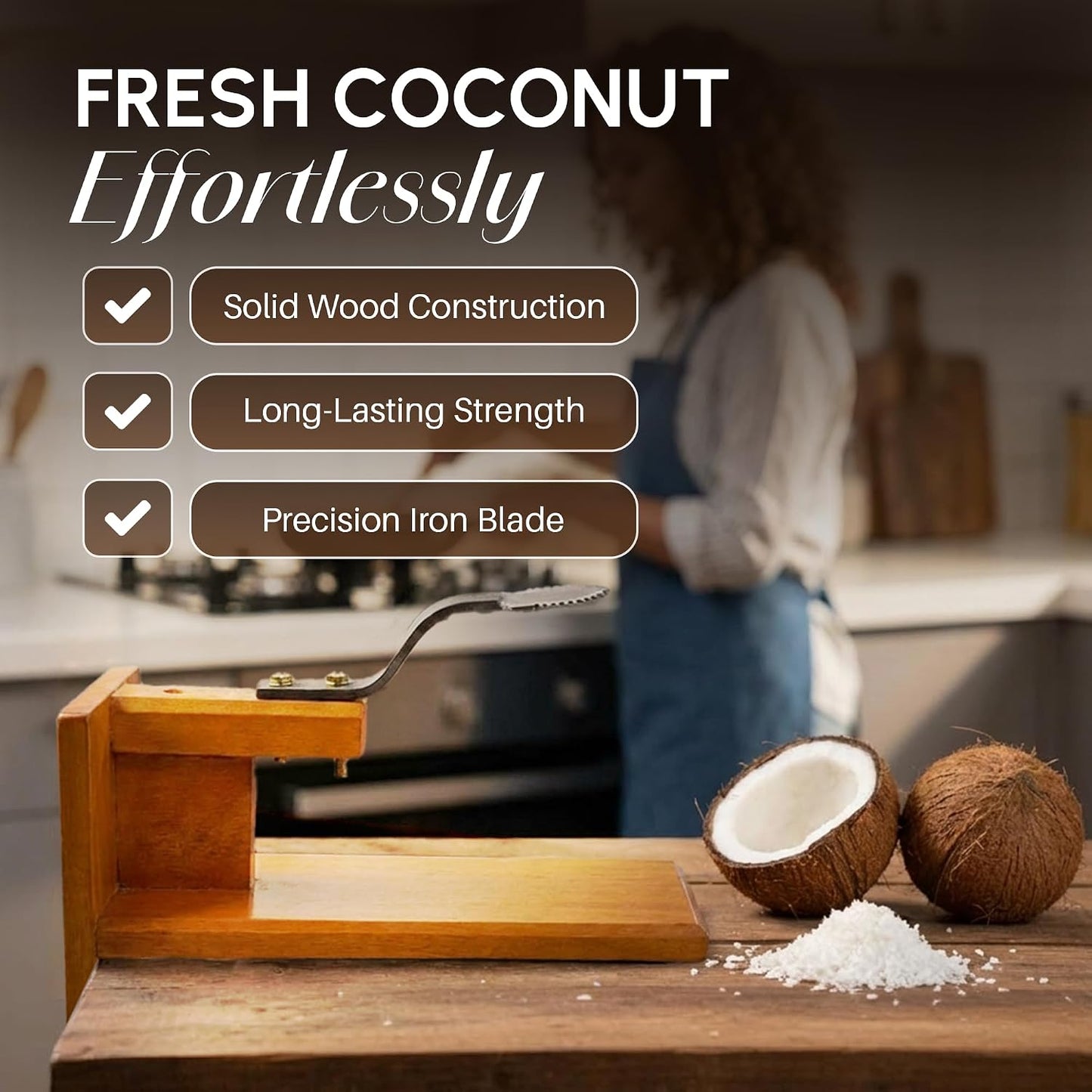 Coconut Graters for Kitchen & Home - Polished Manual Coconut Scraper | Traditional Table Top Handheld Chirava Thengai Thuruvi with Iron Blade | Wooden Base Cherava Shredder | Yellow