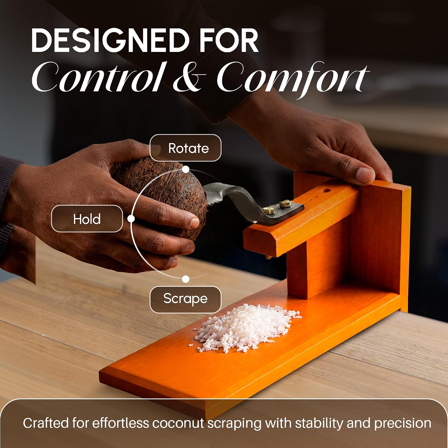 Coconut Graters for Kitchen & Home - Polished Manual Coconut Scraper | Traditional Table Top Handheld Chirava Thengai Thuruvi with Iron Blade | Wooden Base Cherava Shredder | Yellow