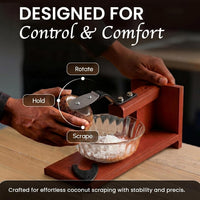 Coconut Graters for Kitchen & Home - Table Top Manual Coconut Scraper | Traditional Polished Handheld Chirava Thengai Thuruvi with Stainless Steel Blade | Wooden Base Cherava Shredder | Brown