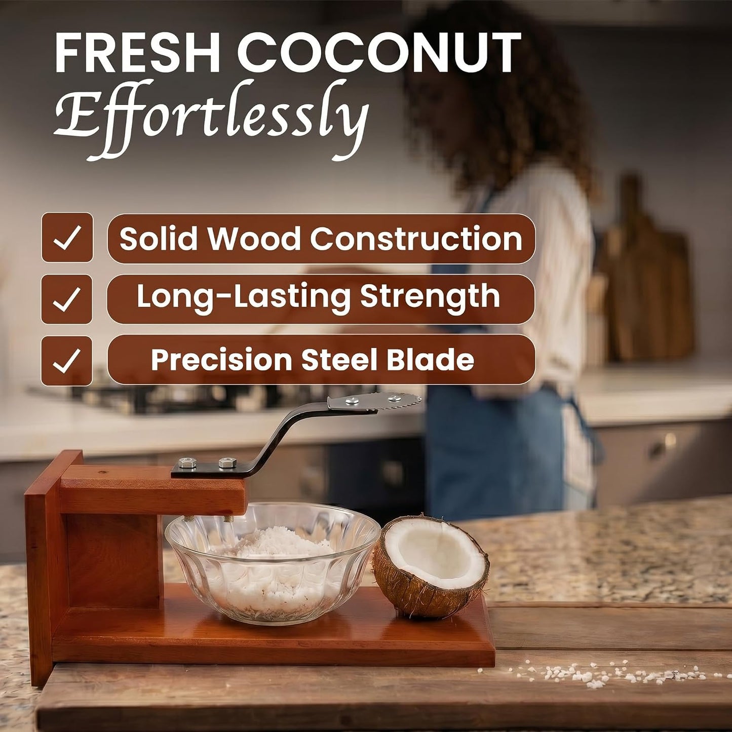 Coconut Graters for Kitchen & Home - Table Top Manual Coconut Scraper | Traditional Polished Handheld Chirava Thengai Thuruvi with Stainless Steel Blade | Wooden Base Cherava Shredder | Brown