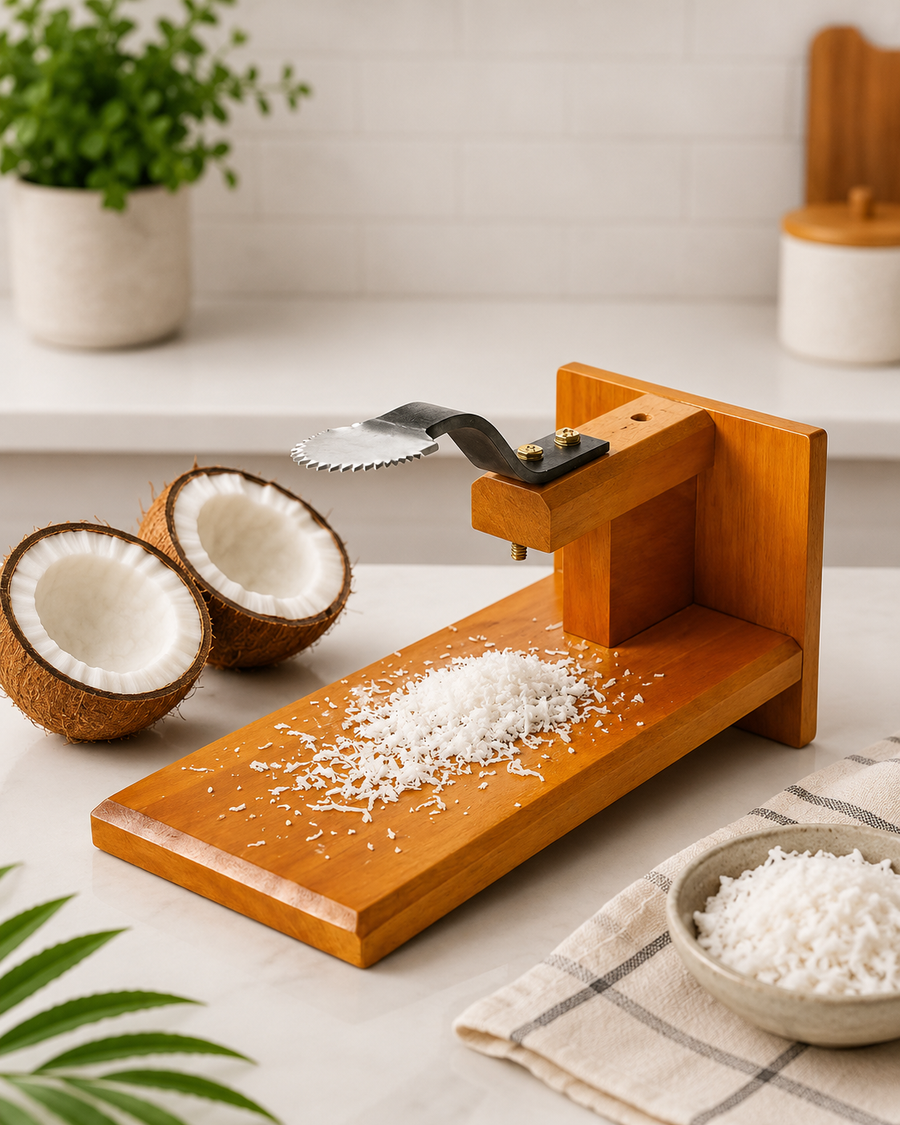 Coconut Graters for Kitchen & Home - Polished Manual Coconut Scraper | Traditional Table Top Handheld Chirava Thengai Thuruvi with Iron Blade | Wooden Base Cherava Shredder | Yellow