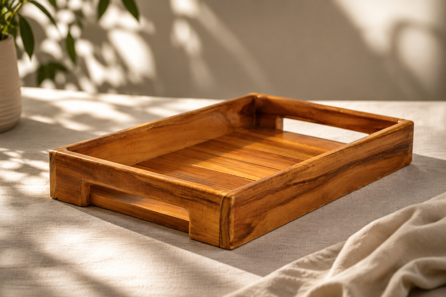 Handcrafted Solid Teak Wood Square Serving Tray | for Home Kitchen Restaurant Office Organizer Dining Table | Glossy Finish