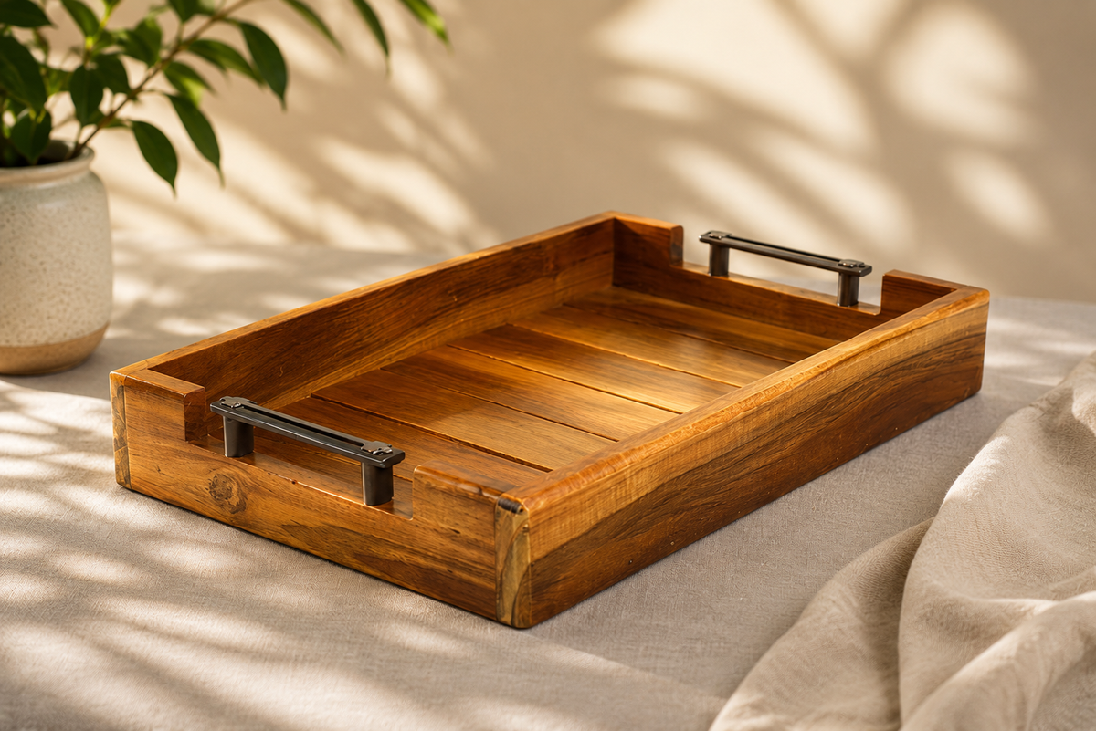 Teak Wood Serving Tray with Metal Handle | Solid Teak Wood | High-Gloss Polished Finish | Easy-Handle Wooden Tray