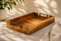 Teak Wood Serving Tray with Metal Handle | Solid Teak Wood | High-Gloss Polished Finish | Easy-Handle Wooden Tray